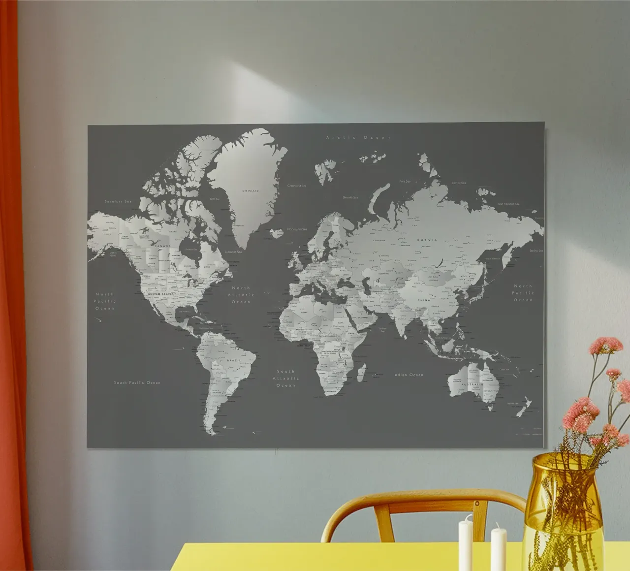 Gradient grey world map poster with aluminum frame by Aiden Garcia