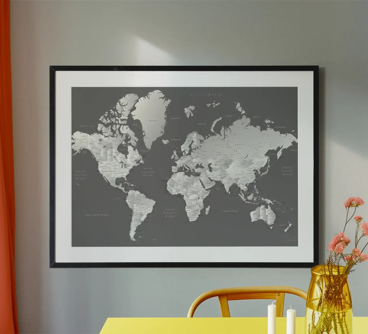 Gradient grey world map poster with aluminum frame by Aiden Garcia