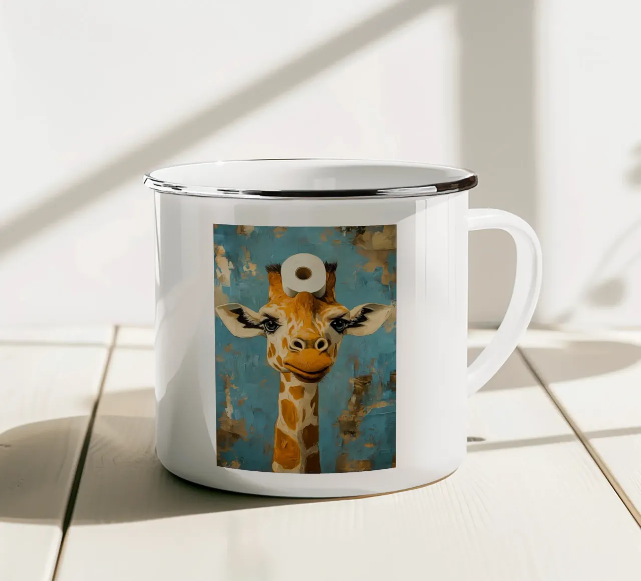 Giraffa con carta igienica tazza in smalto da Adrian Patel