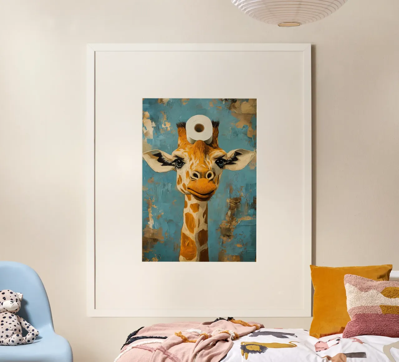 Giraffa con carta igienica poster con telaio in alluminio da Adrian Patel