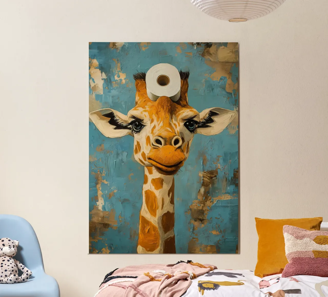 Giraffa con carta igienica poster con telaio in alluminio da Adrian Patel