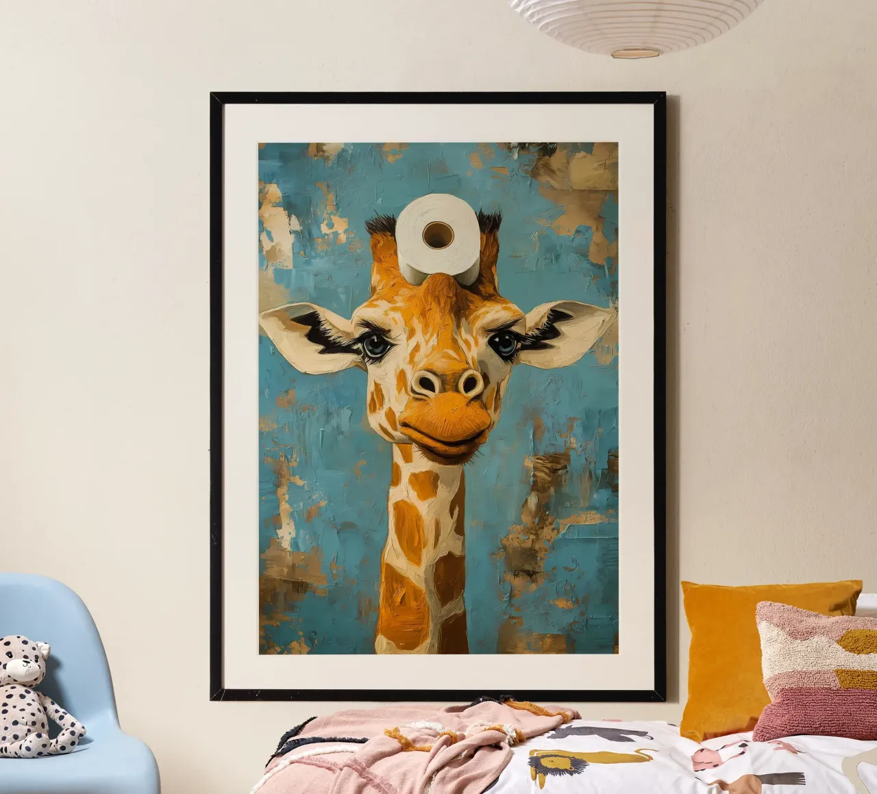 Giraffa con carta igienica poster con telaio in alluminio da Adrian Patel