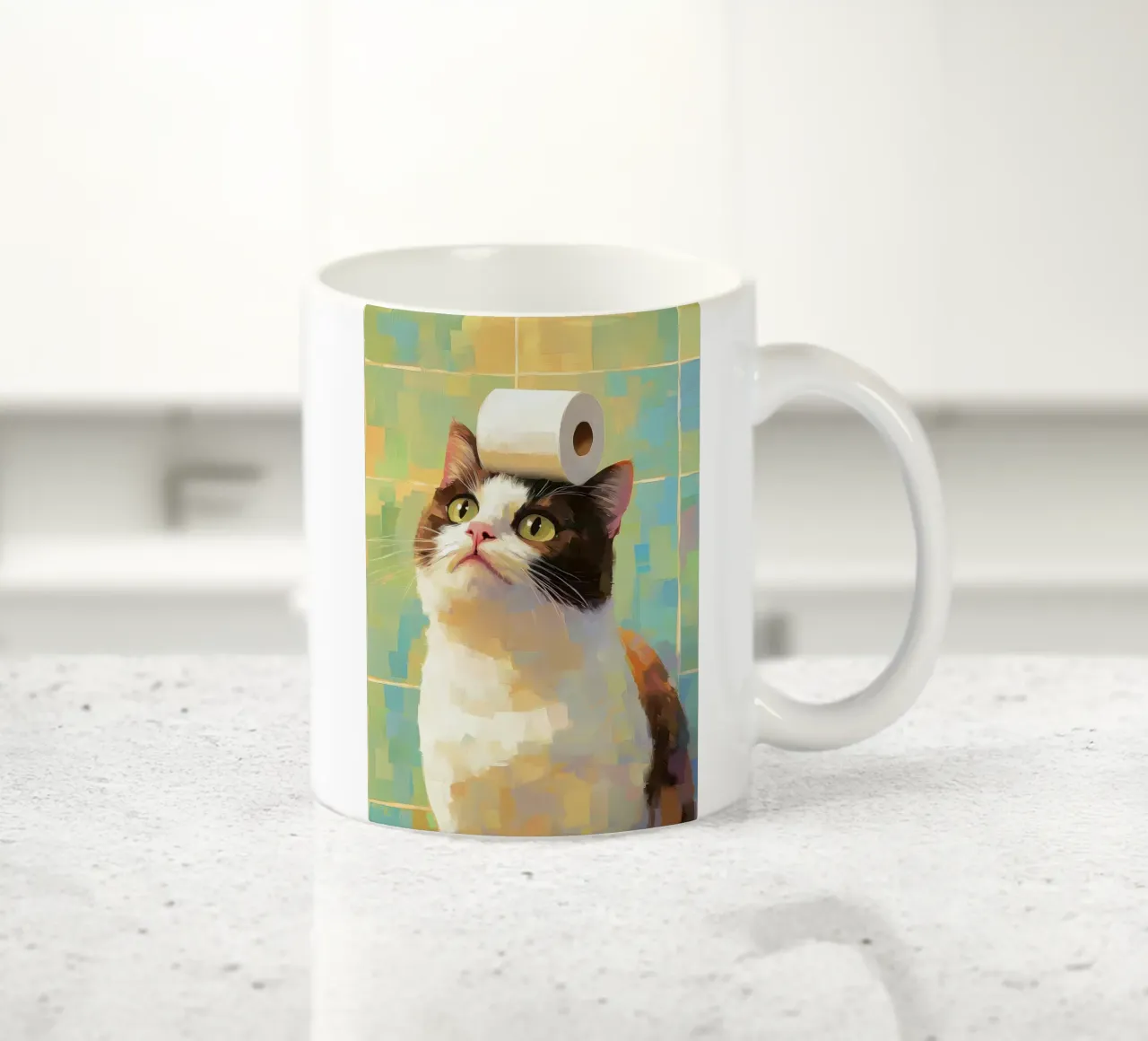 Cat with Toilet Paper ceramic mug by Adrian Patel