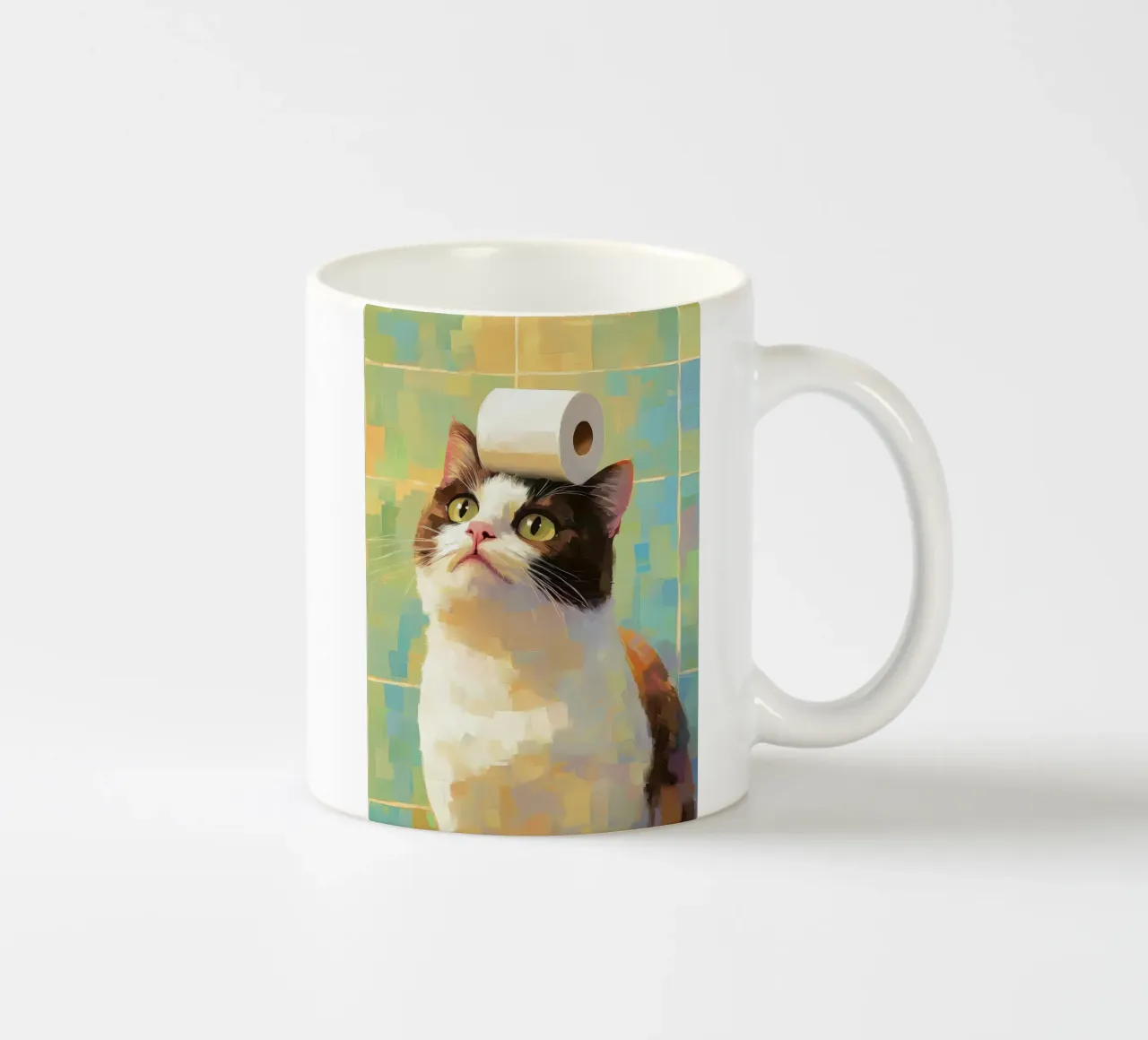 Cat with Toilet Paper ceramic mug by Adrian Patel