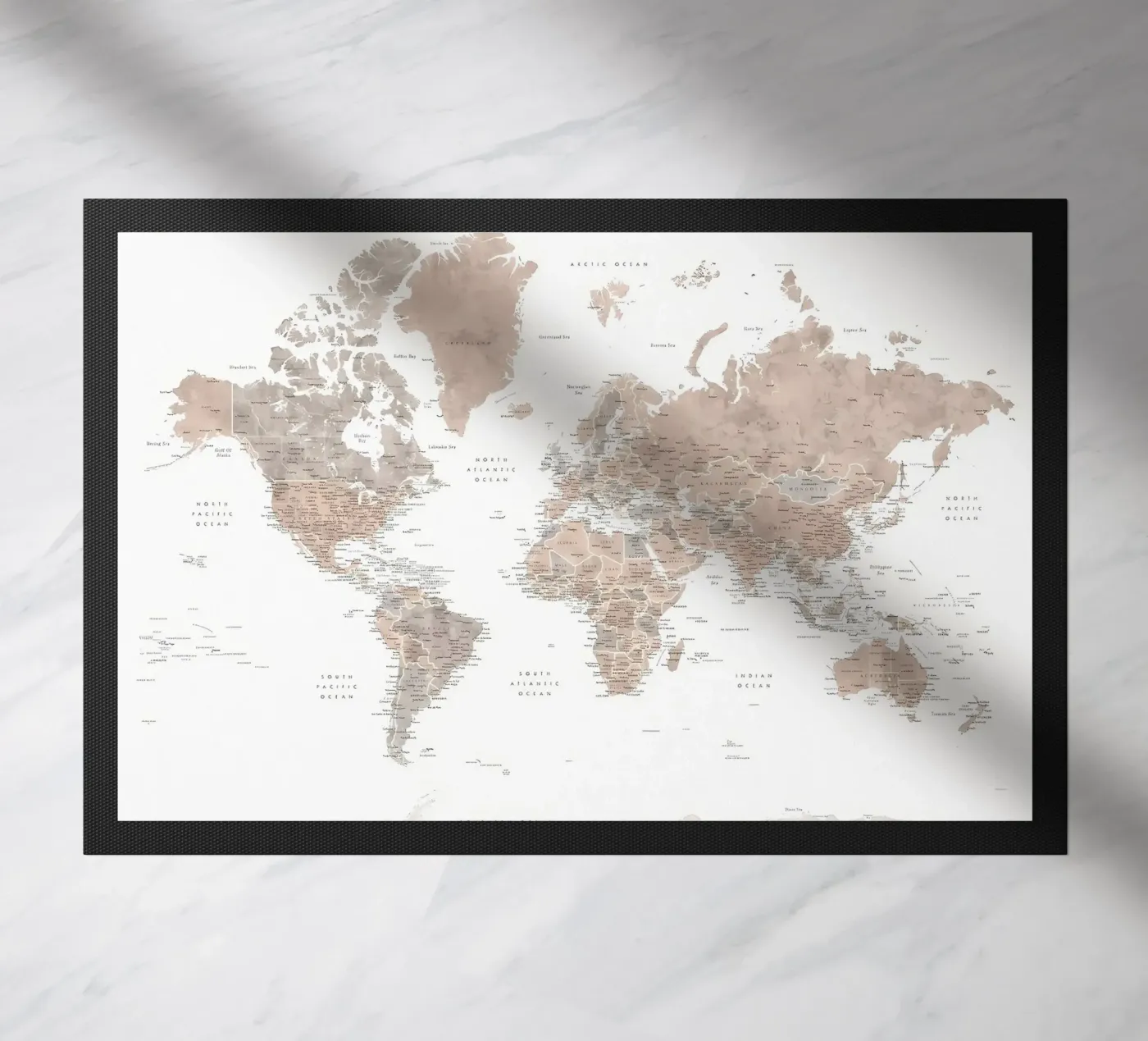 Neutral world map Abey doormat by Aiden Garcia