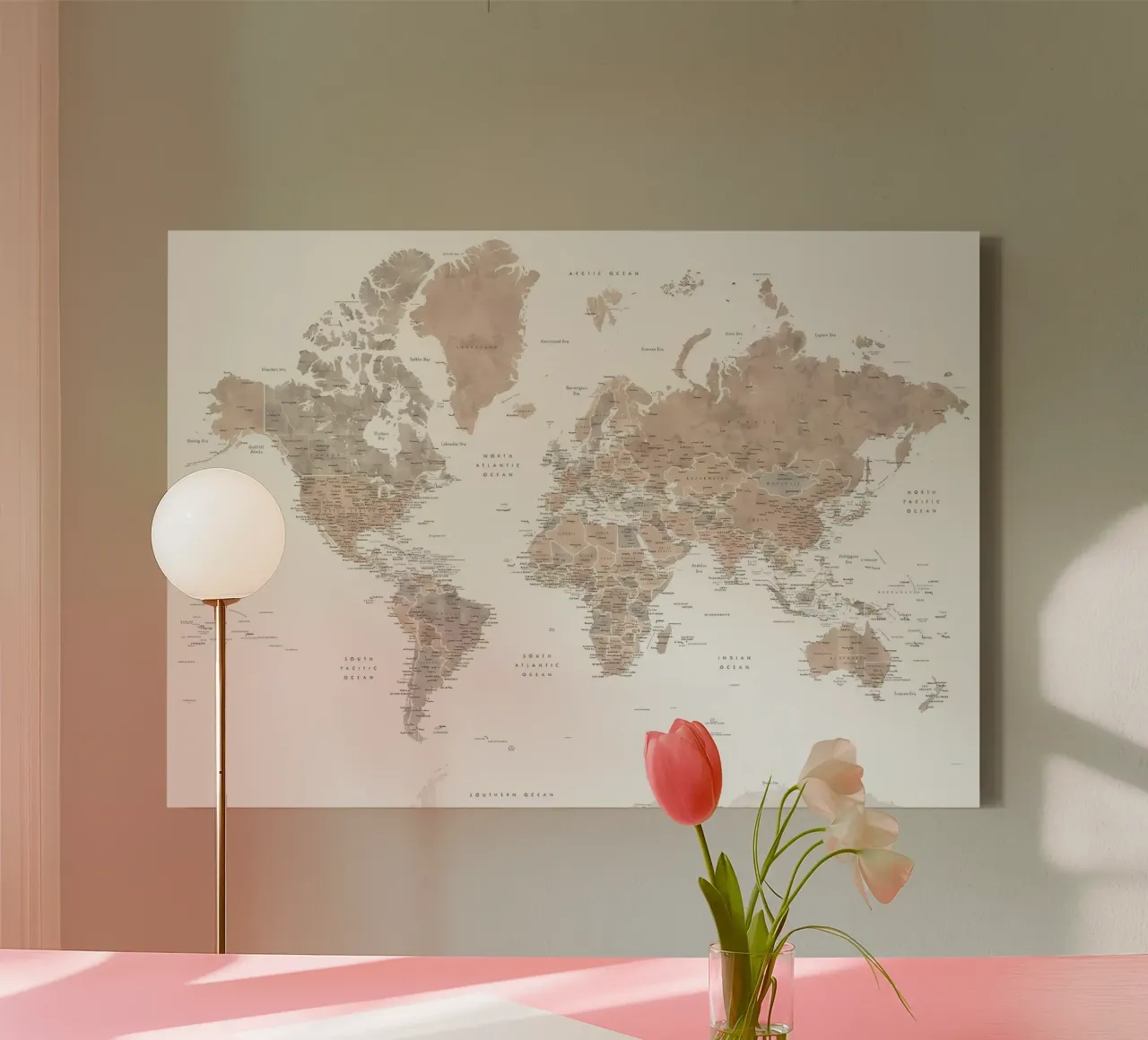 Neutrale wereldkaart Abey canvas met Baklijst van Aiden Garcia