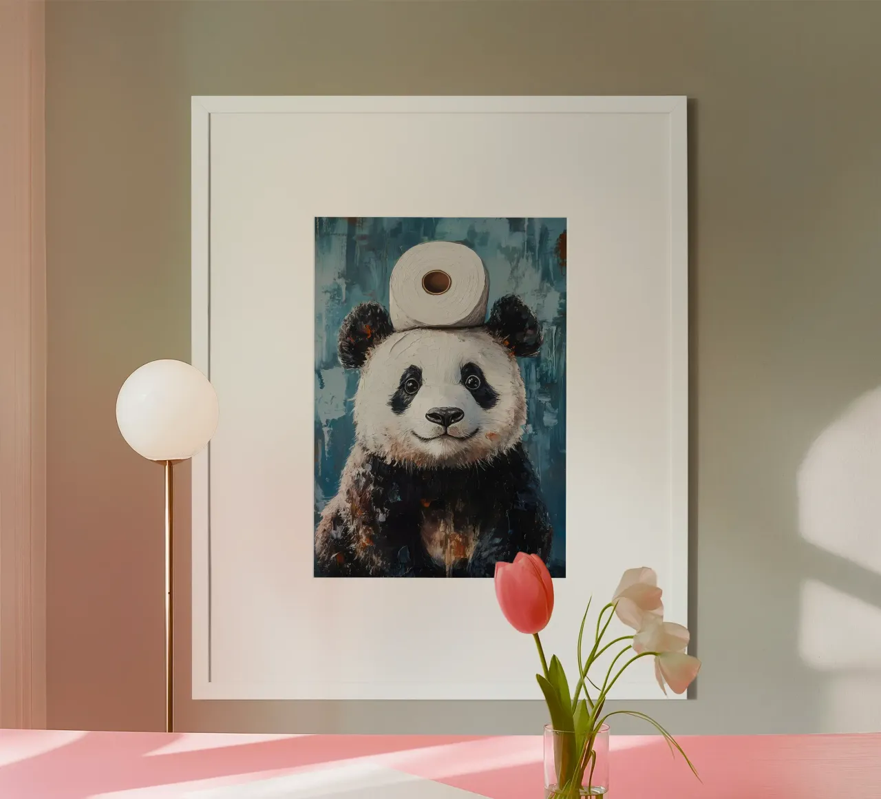Panda con carta igienica poster con telaio in alluminio da Adrian Patel