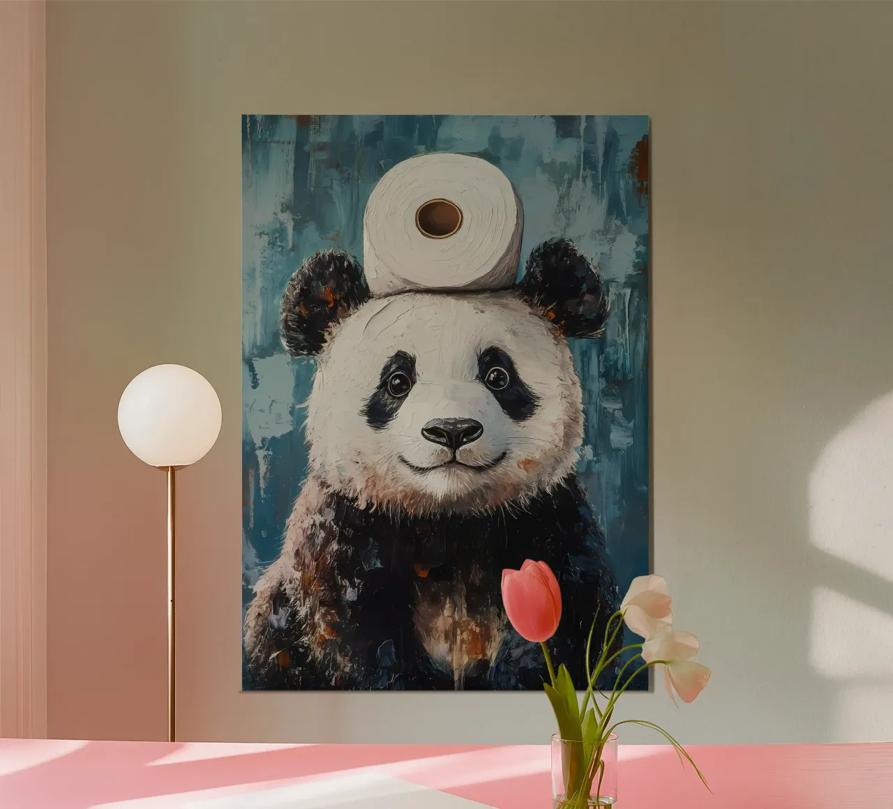 Panda con carta igienica poster con telaio in alluminio da Adrian Patel