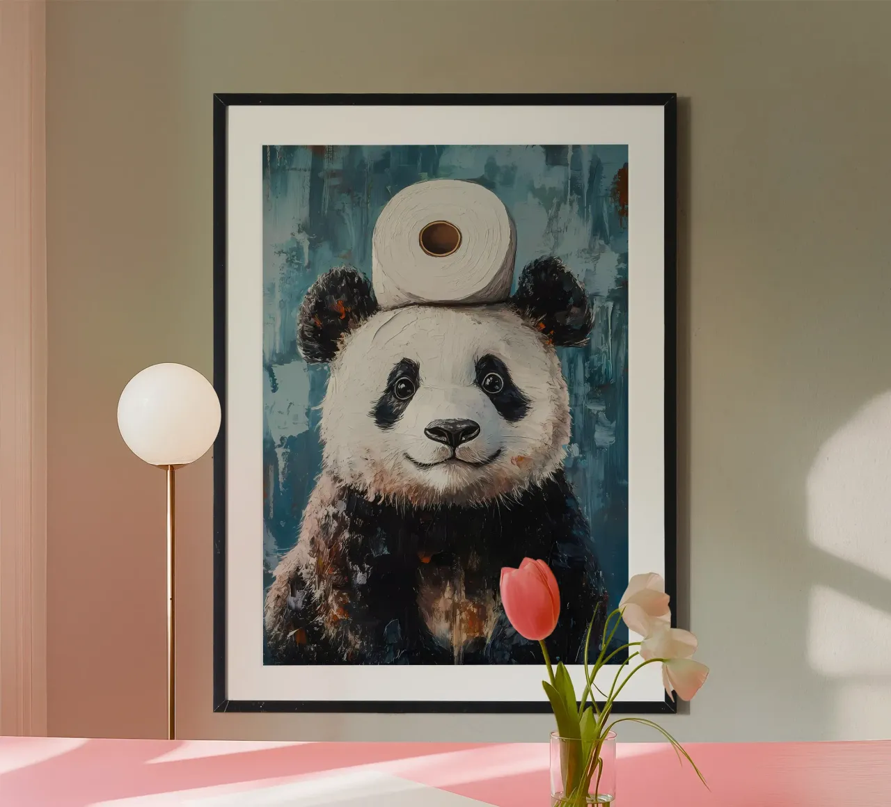 Panda con carta igienica poster con telaio in alluminio da Adrian Patel