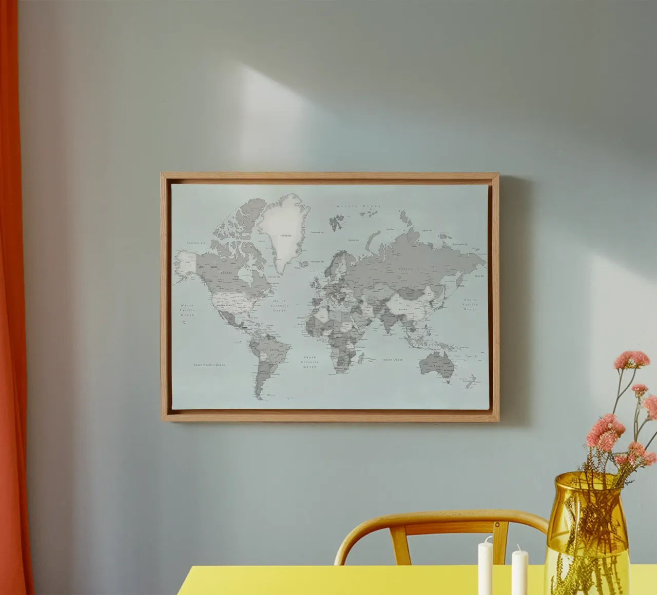Detailed world map Darryl canvas with Floater frame by Aiden Garcia