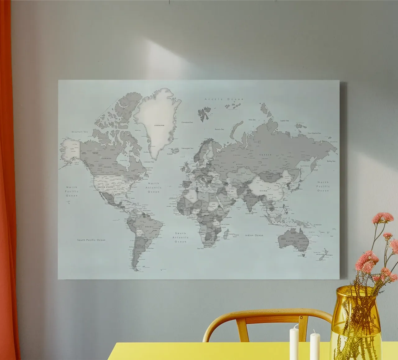 Detailed world map Darryl canvas with Floater frame by Aiden Garcia