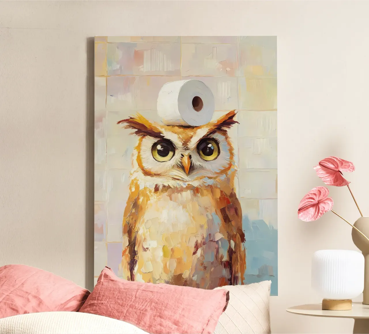 Owl with Toilet Paper canvas by Adrian Patel