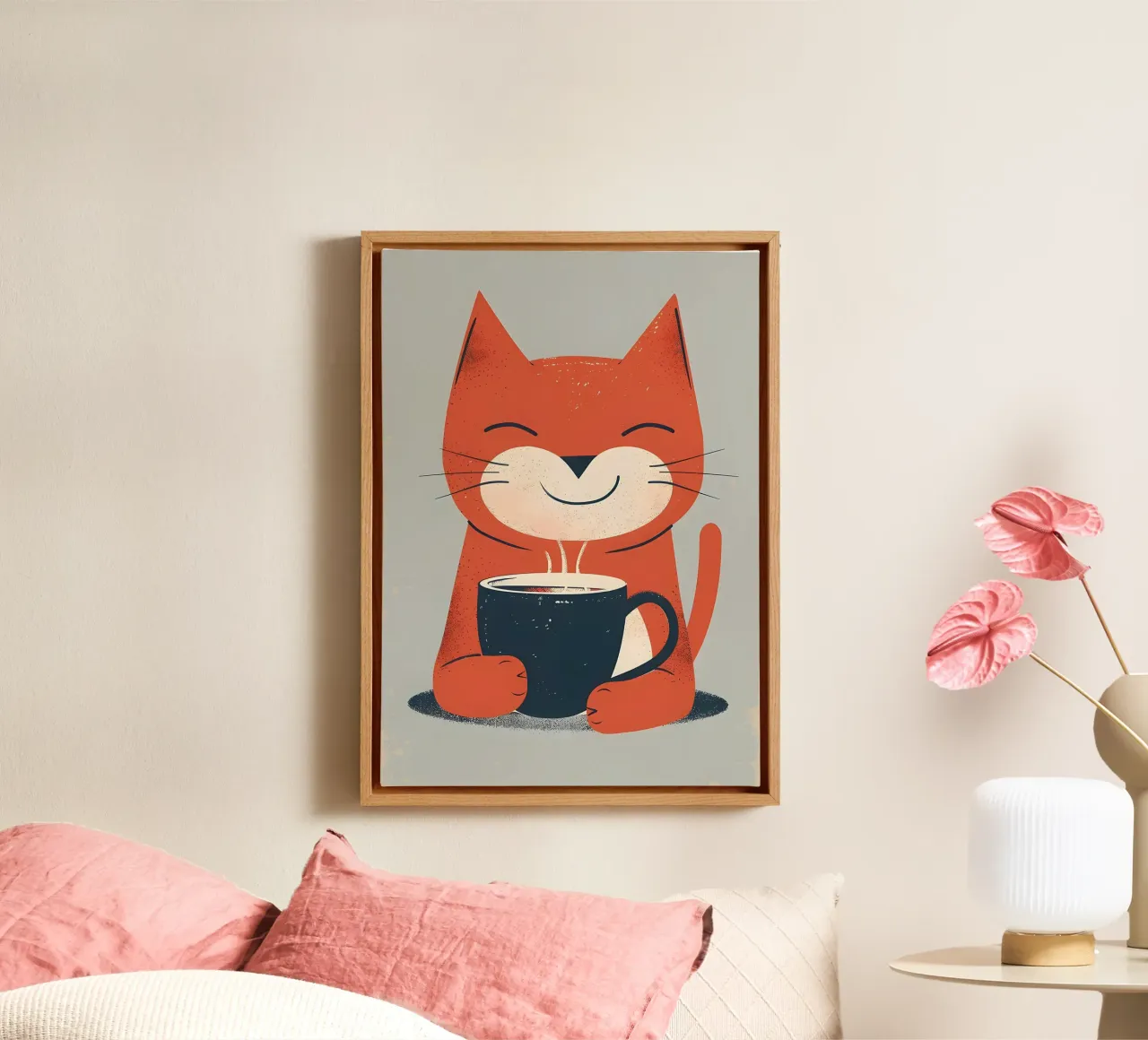 Gatto che beve caffè smile tela con Cornice a cassetta da Bartosz Powalka