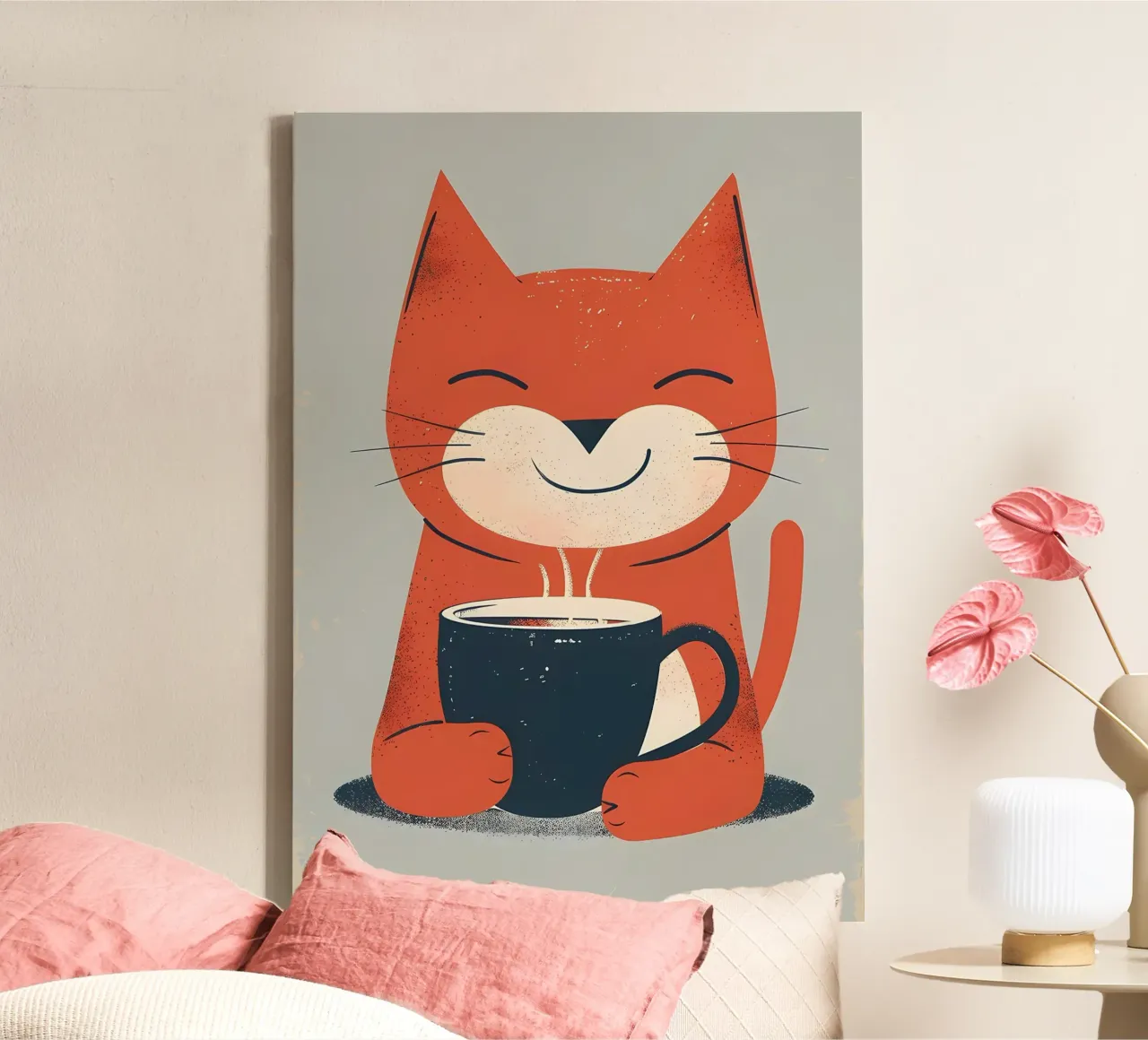 Gatto che beve caffè smile tela con Cornice a cassetta da Bartosz Powalka