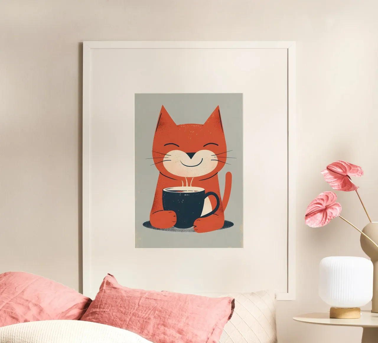 Gatto che beve caffè smile poster con telaio in alluminio da Bartosz Powalka