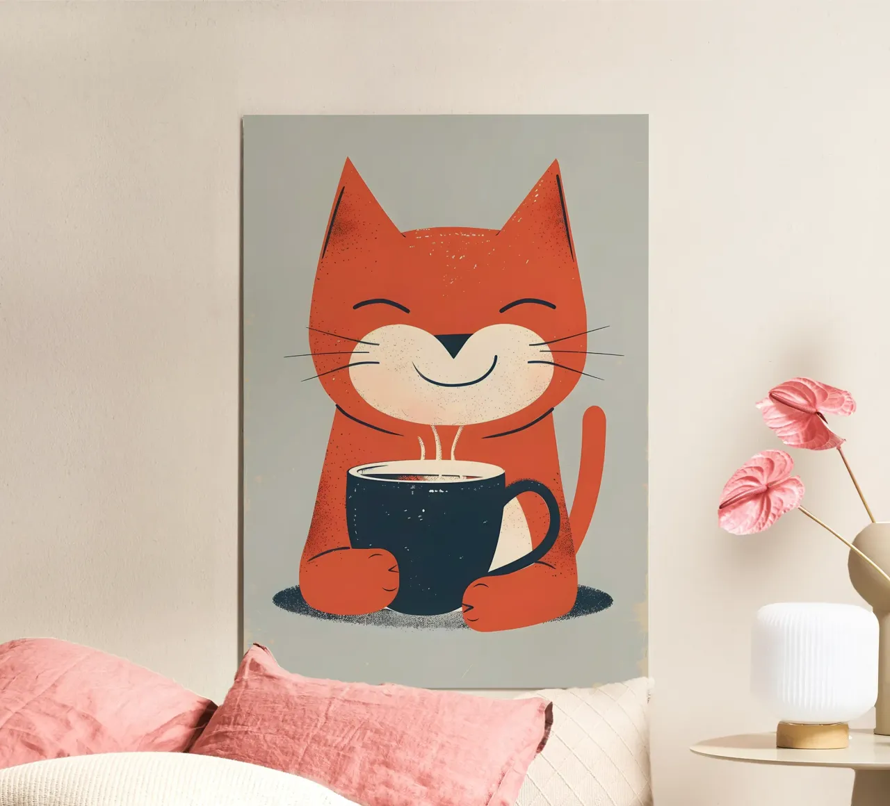 Gatto che beve caffè smile poster con telaio in alluminio da Bartosz Powalka