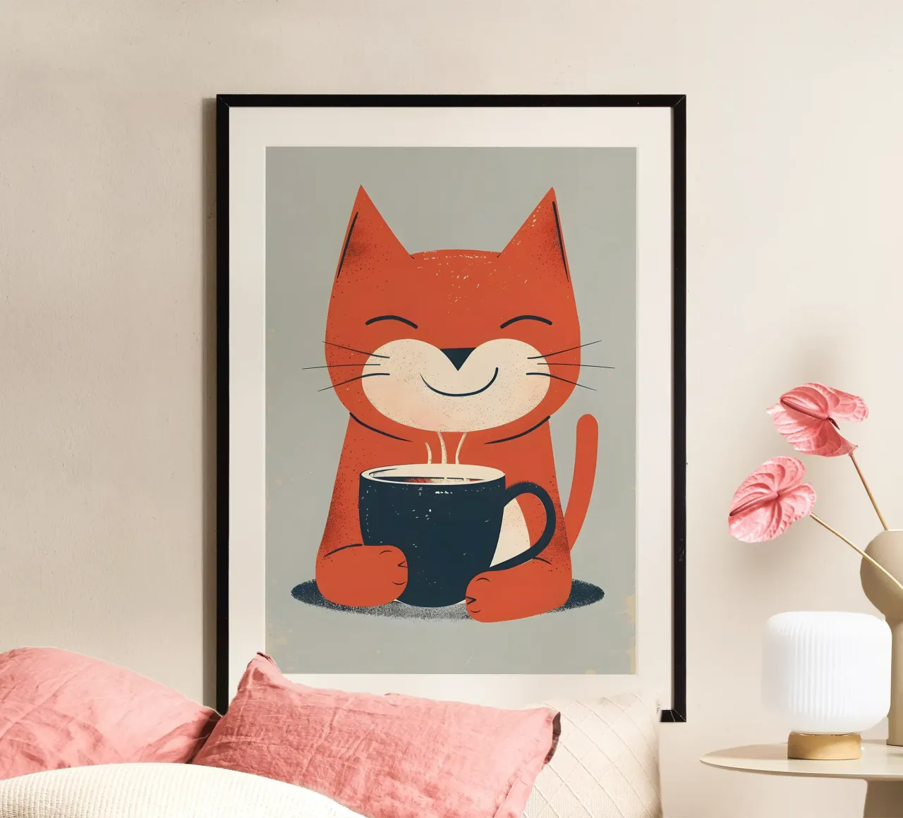 Gatto che beve caffè smile poster con telaio in alluminio da Bartosz Powalka