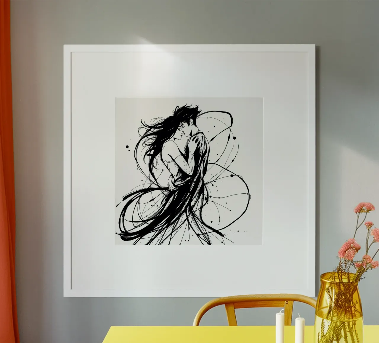 abbraccio appassionato tra una coppia intrecciata in linee fluide carta hahnemühle da DesignDoodle