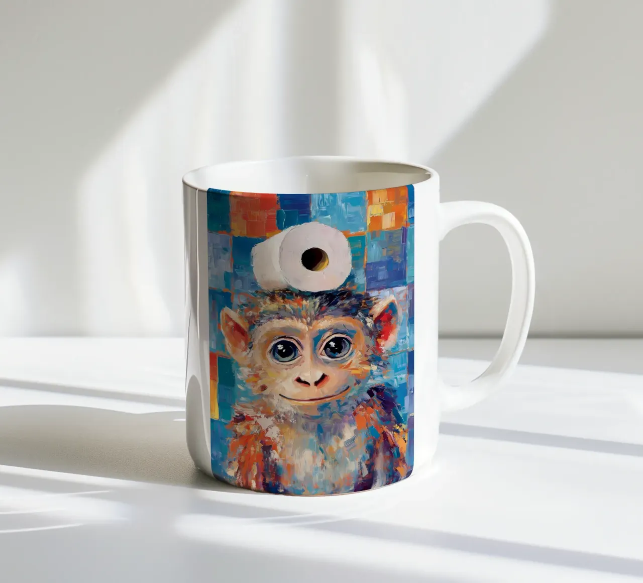 Scimmia con carta igienica tazza in ceramica da Adrian Patel