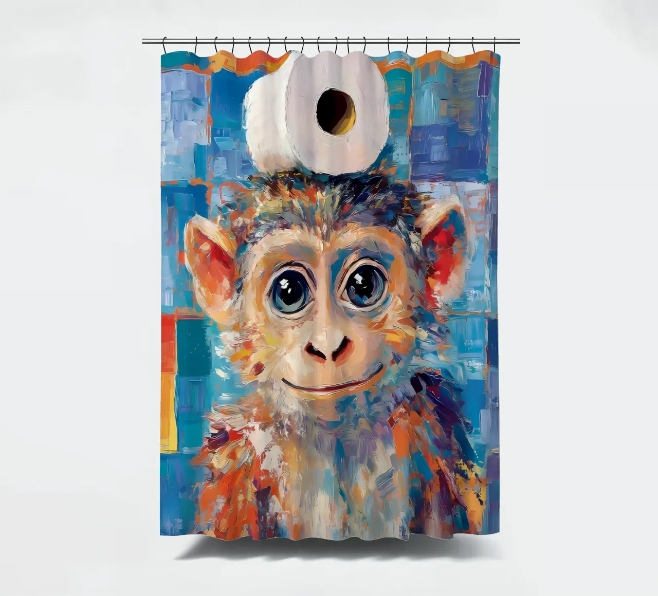 Monkey with Toilet Paper shower curtain by Adrian Patel