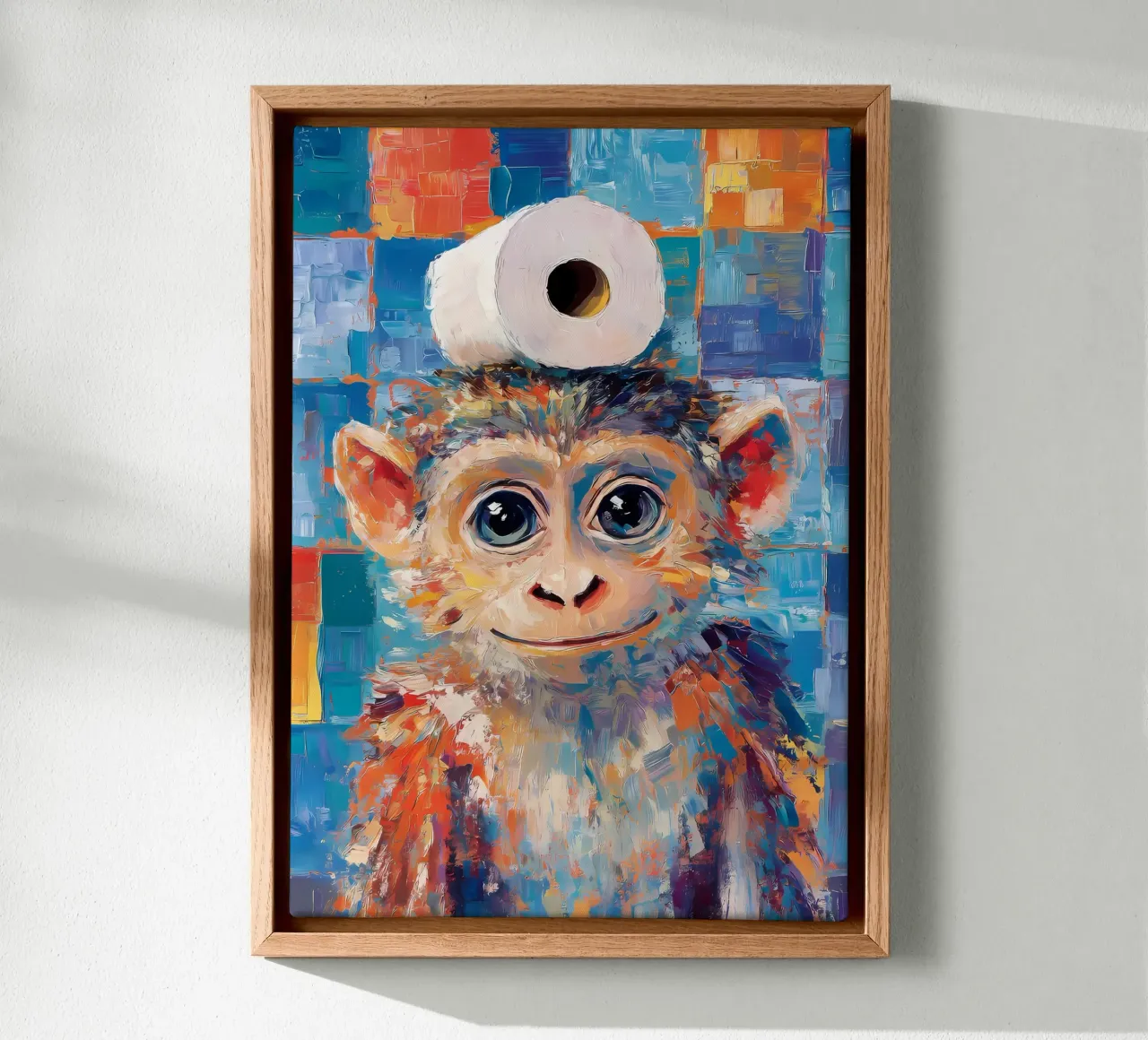 Monkey with Toilet Paper canvas with Floater frame by Adrian Patel