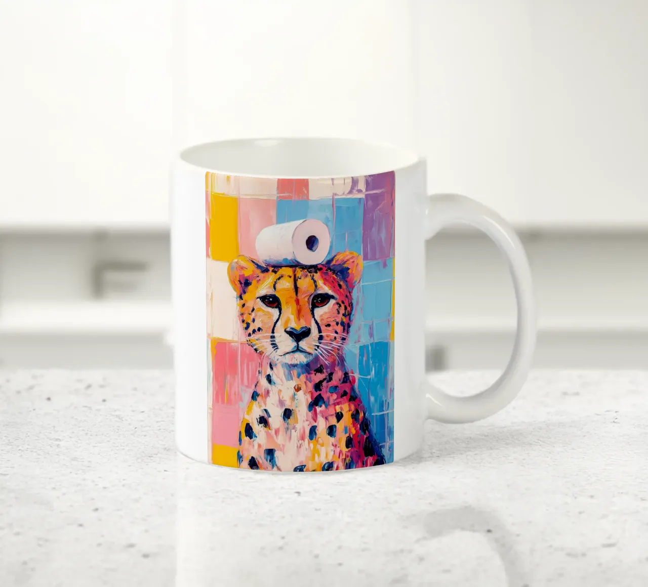 Ghepardo con carta igienica tazza in ceramica da Adrian Patel