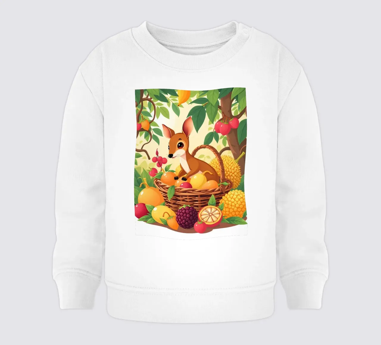 simpatico cervo dei cartoni animati che riposa accanto a un cesto pieno di frutta felpa neonato da DesignDoodle