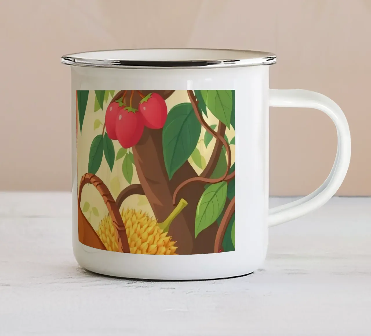 simpatico cervo dei cartoni animati che riposa accanto a un cesto pieno di frutta tazza in smalto da DesignDoodle