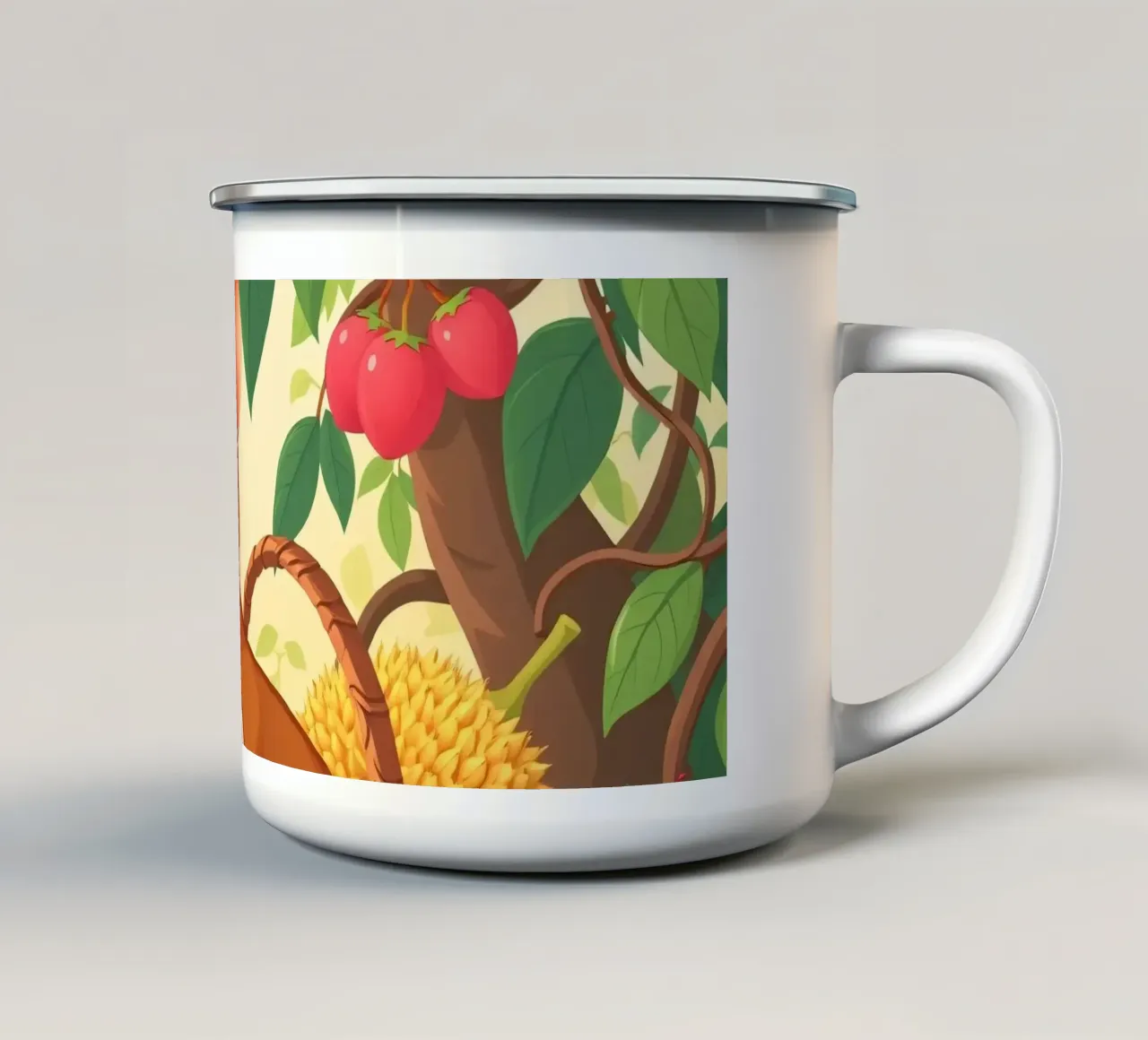 simpatico cervo dei cartoni animati che riposa accanto a un cesto pieno di frutta tazza in smalto da DesignDoodle