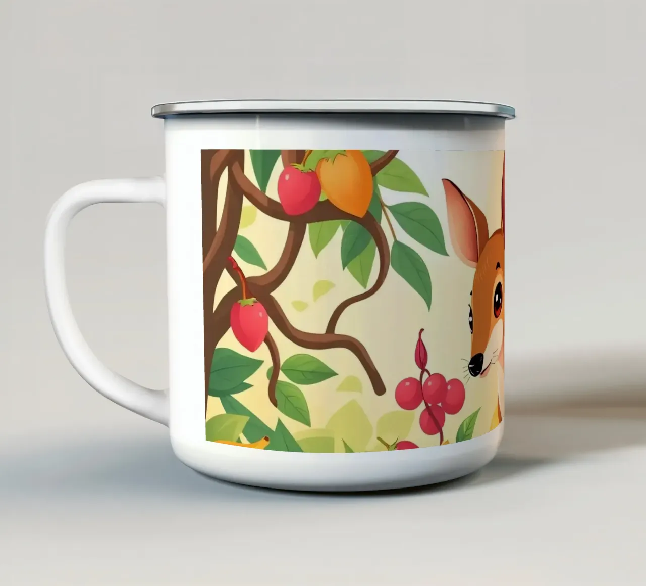 simpatico cervo dei cartoni animati che riposa accanto a un cesto pieno di frutta tazza in smalto da DesignDoodle