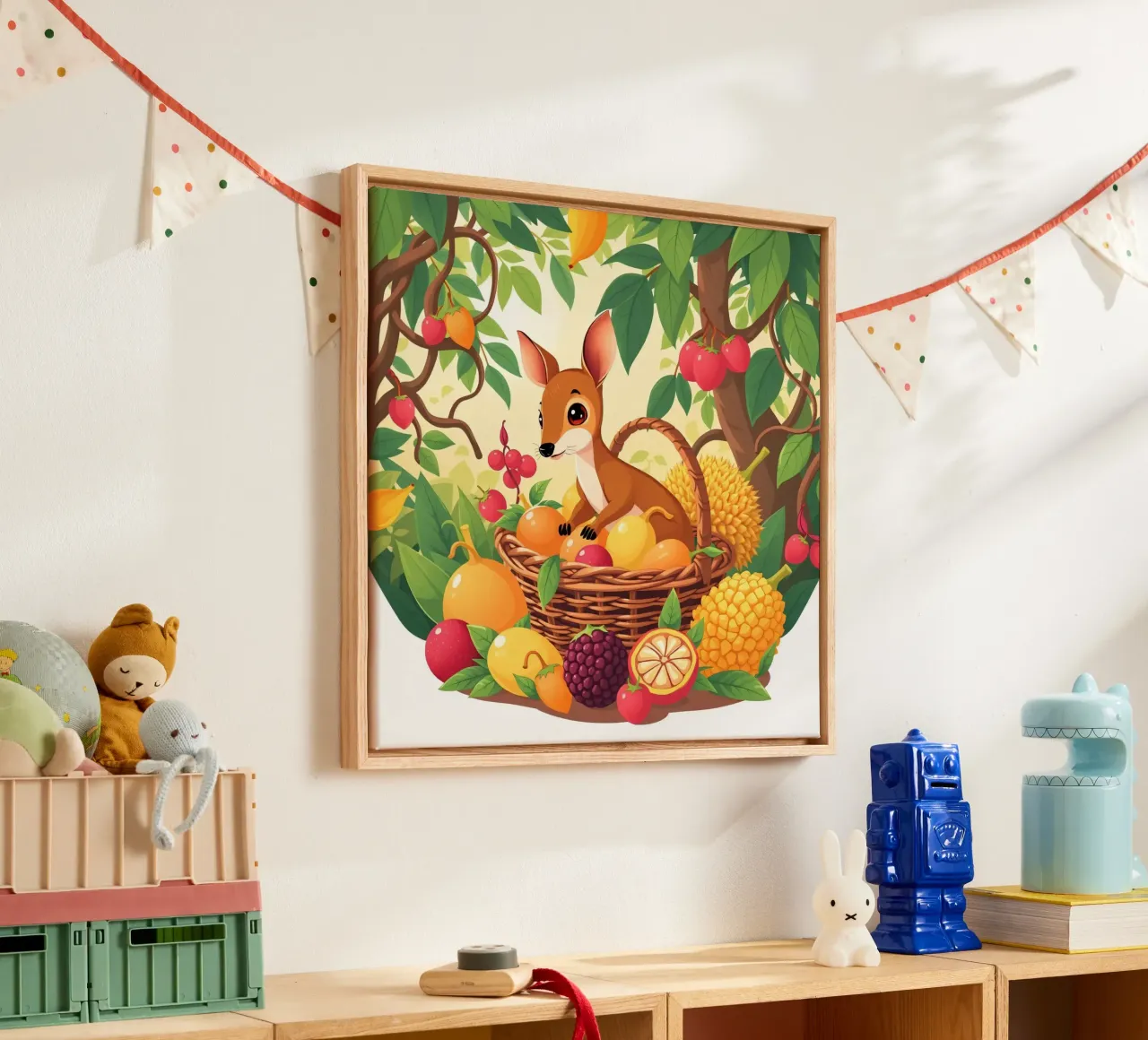 lindo ciervo de dibujos animados descansando junto a una cesta llena de frutas lienzo con Marco flotante de DesignDoodle