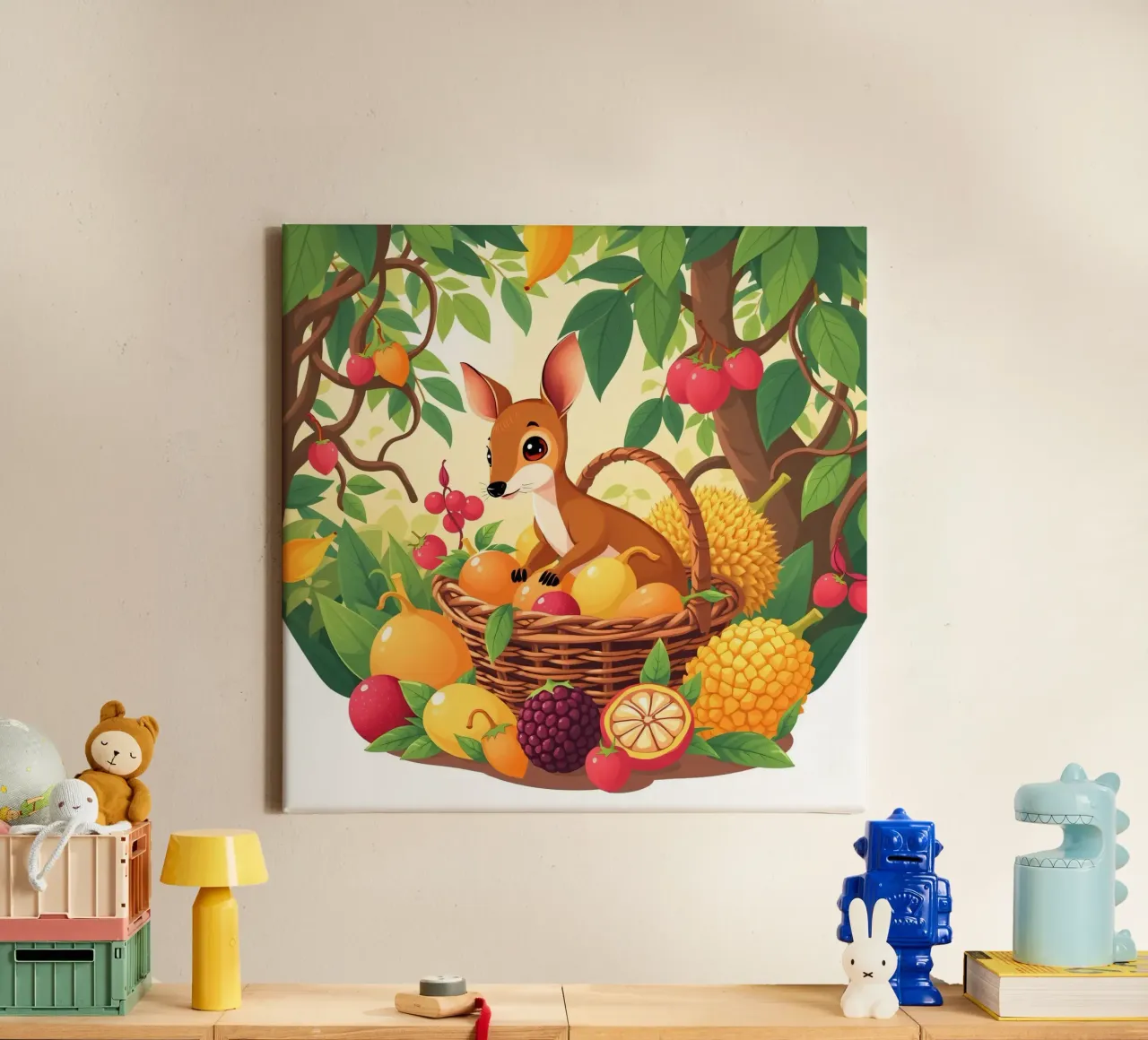 lindo ciervo de dibujos animados descansando junto a una cesta llena de frutas lienzo con Marco flotante de DesignDoodle