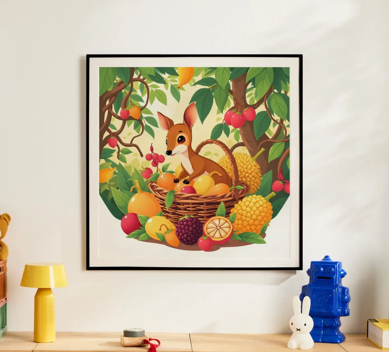 simpatico cervo dei cartoni animati che riposa accanto a un cesto pieno di frutta poster da DesignDoodle