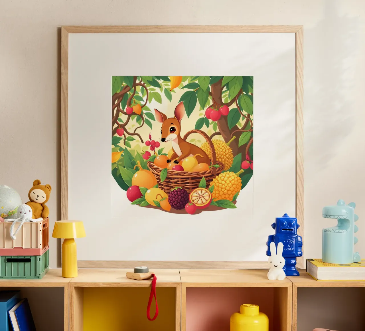 simpatico cervo dei cartoni animati che riposa accanto a un cesto pieno di frutta poster da DesignDoodle