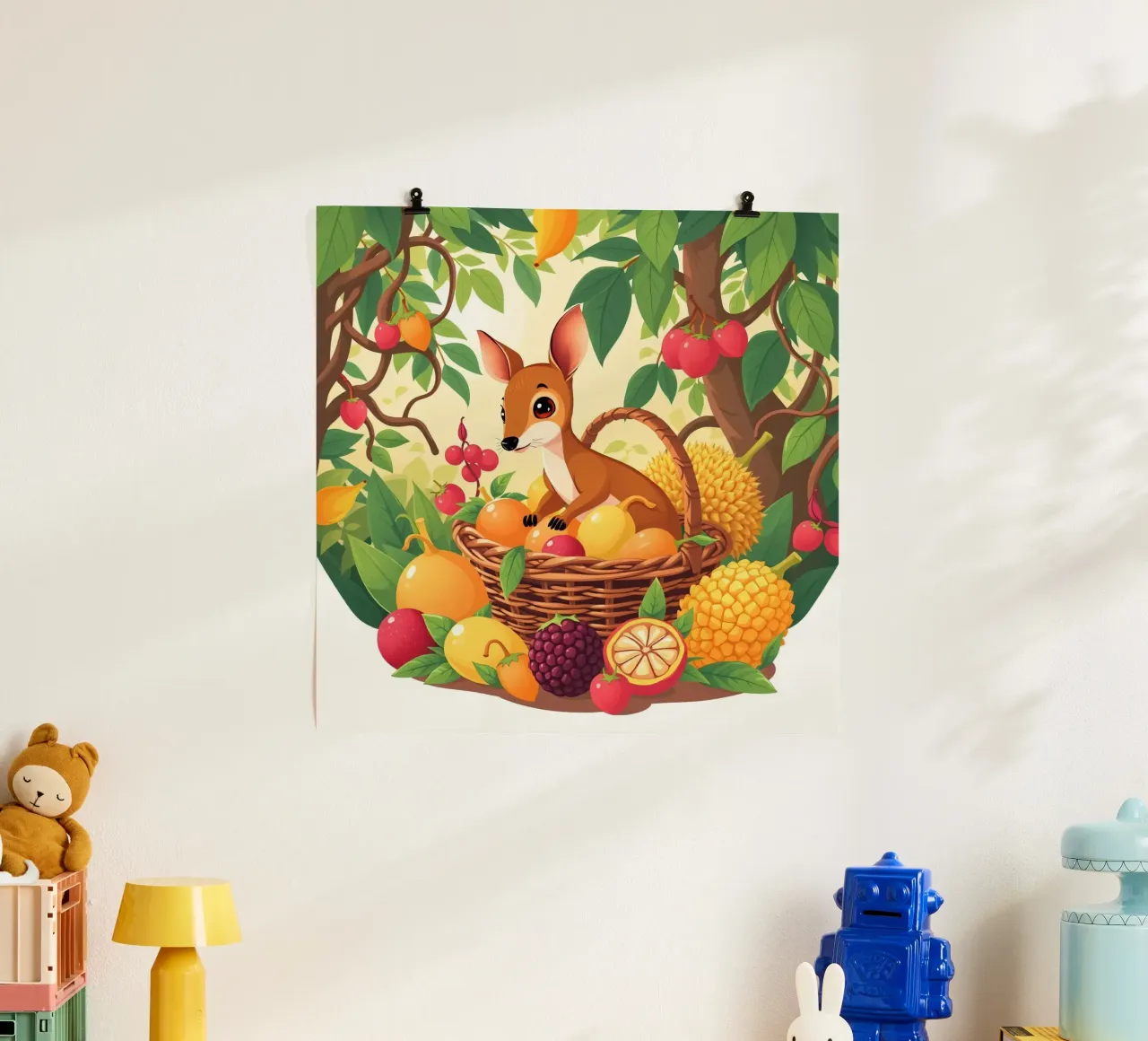 simpatico cervo dei cartoni animati che riposa accanto a un cesto pieno di frutta poster da DesignDoodle