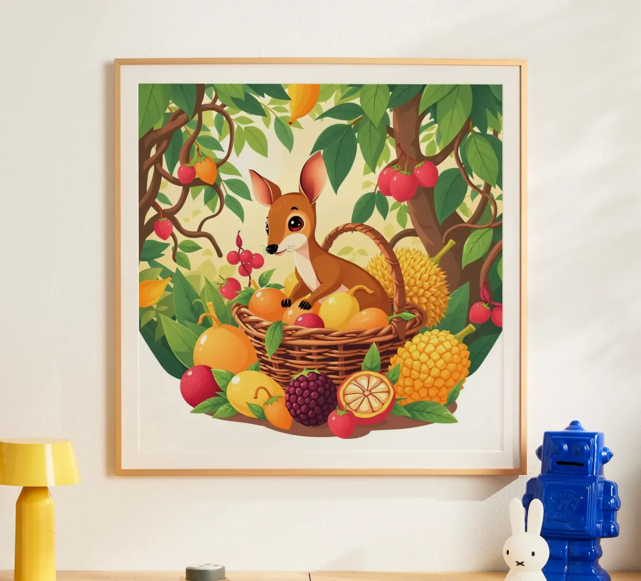 simpatico cervo dei cartoni animati che riposa accanto a un cesto pieno di frutta poster da DesignDoodle