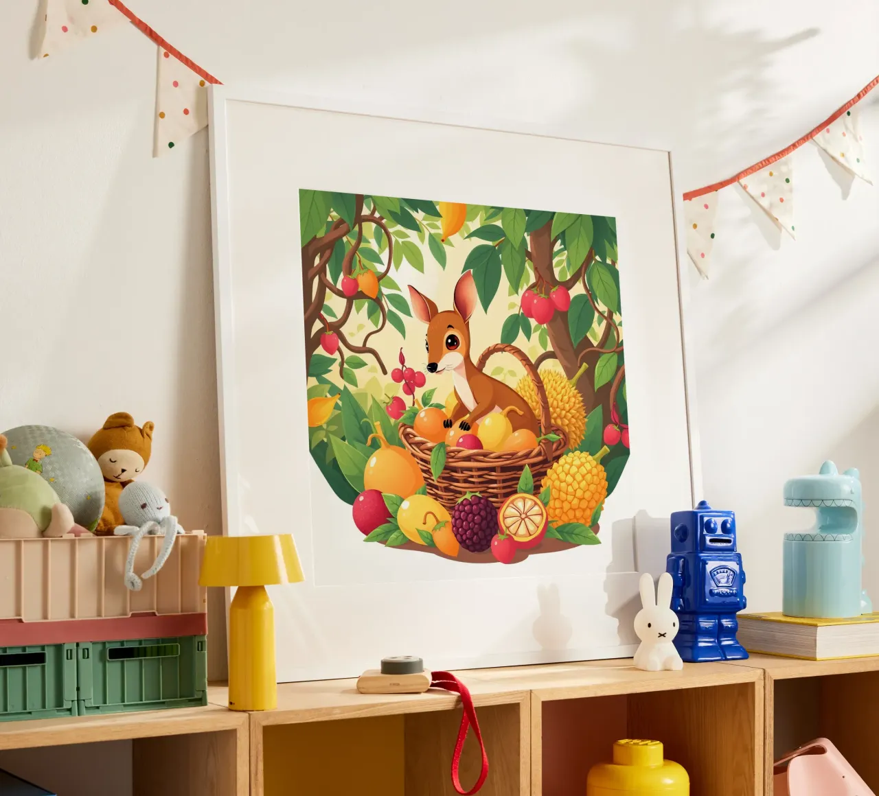 simpatico cervo dei cartoni animati che riposa accanto a un cesto pieno di frutta poster da DesignDoodle