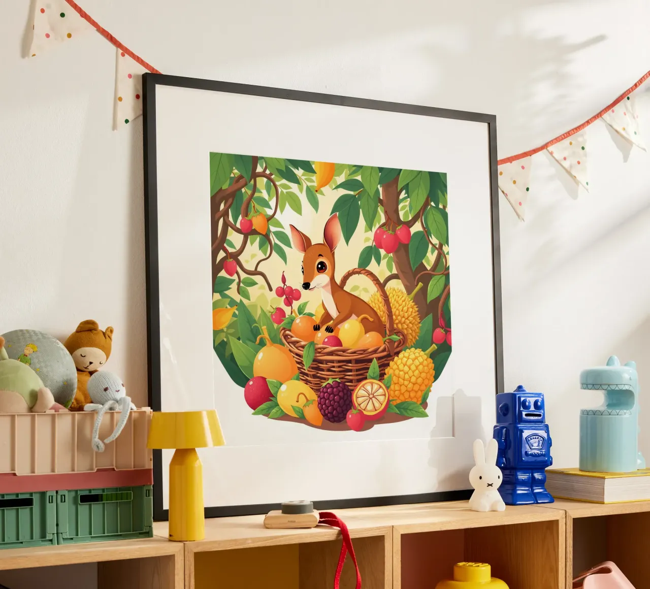 simpatico cervo dei cartoni animati che riposa accanto a un cesto pieno di frutta poster da DesignDoodle