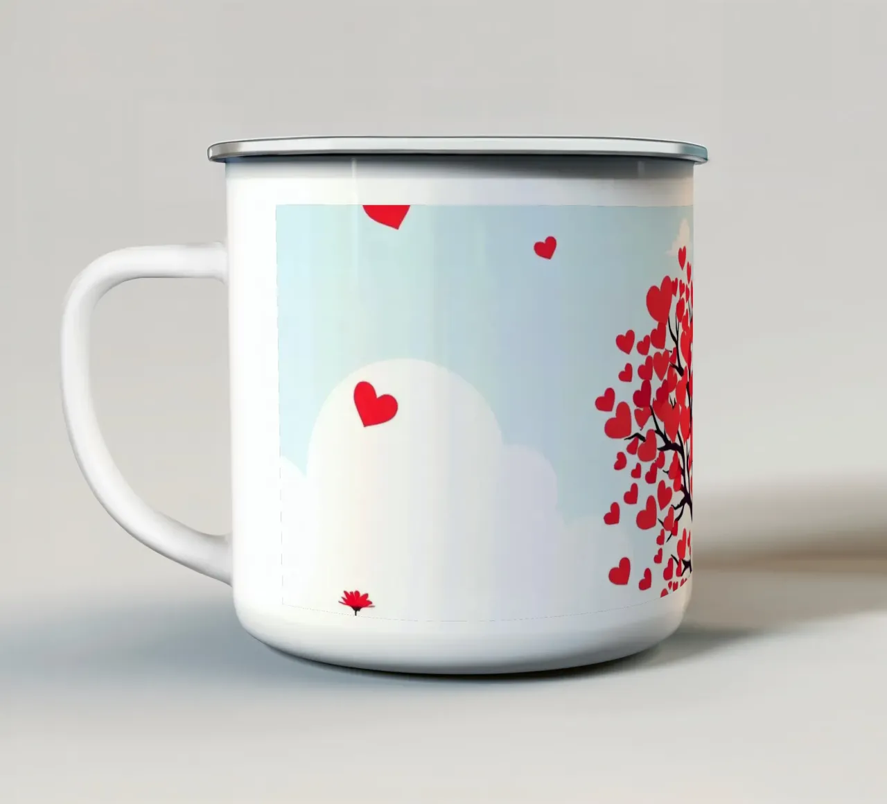 Un albero vivace ornato da foglie a forma di cuore tazza in smalto da DesignDoodle
