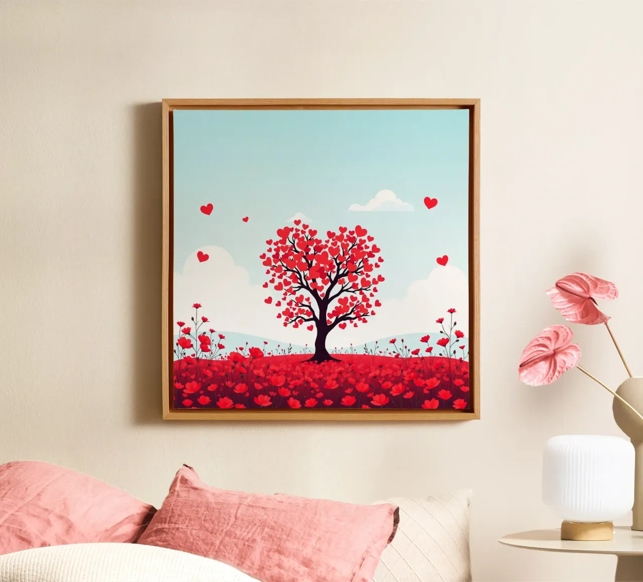 A vibrant tree adorned with heart-shaped leaves canvas with Floater frame by DesignDoodle