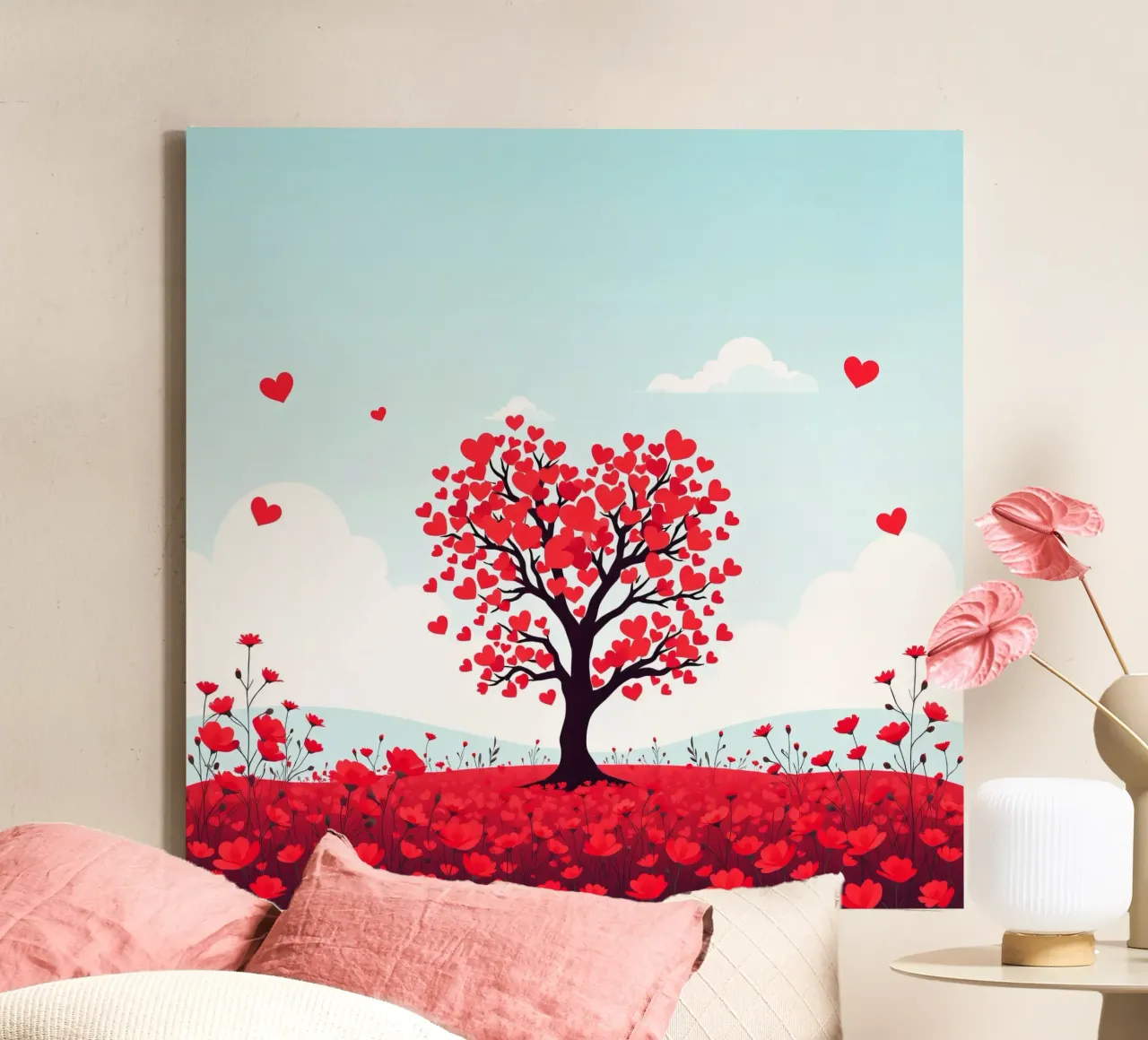 A vibrant tree adorned with heart-shaped leaves canvas with Floater frame by DesignDoodle