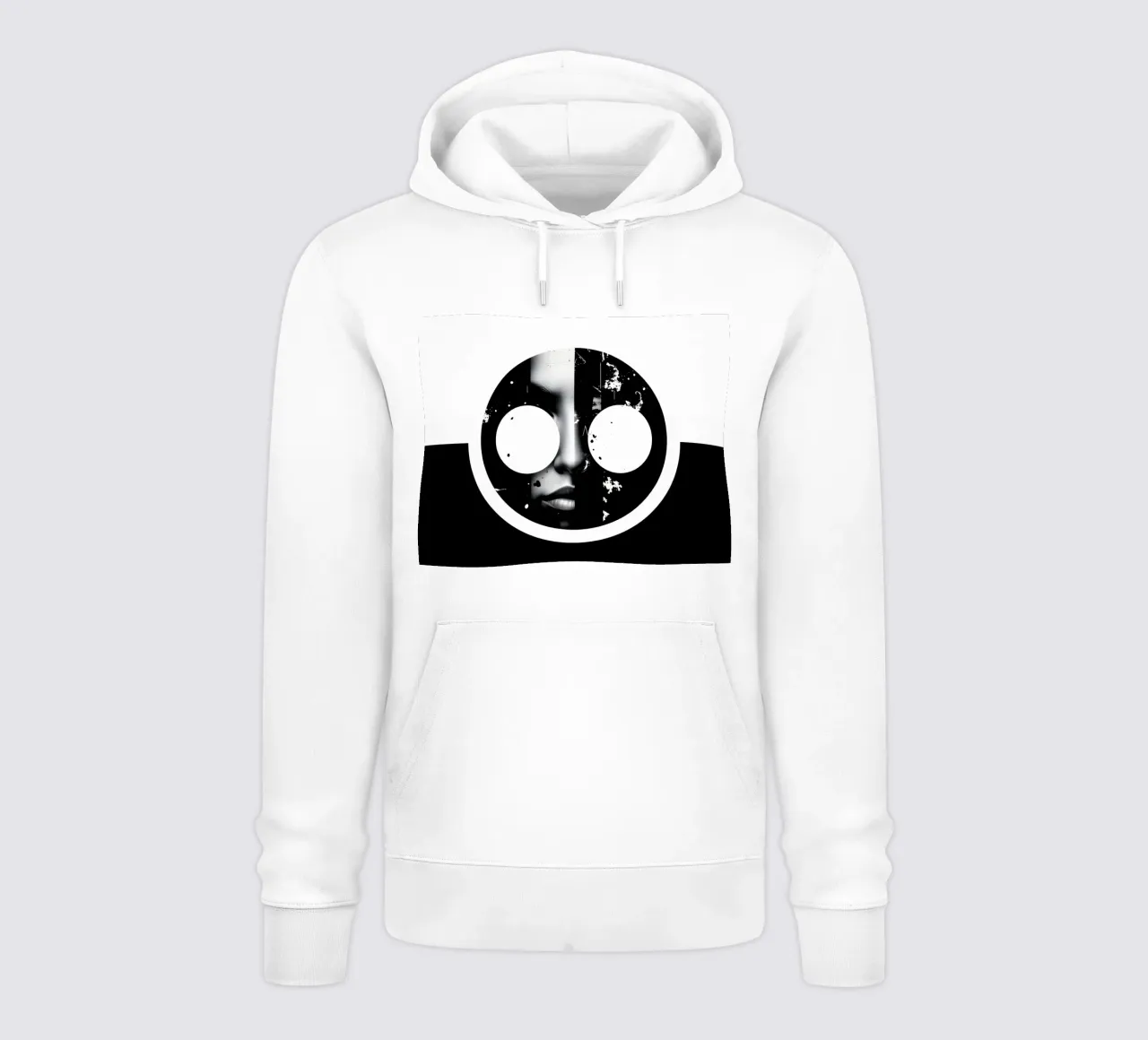 grafica monocromatica che presenta un volto con contrasto nero felpa con cappuccio da DesignDoodle