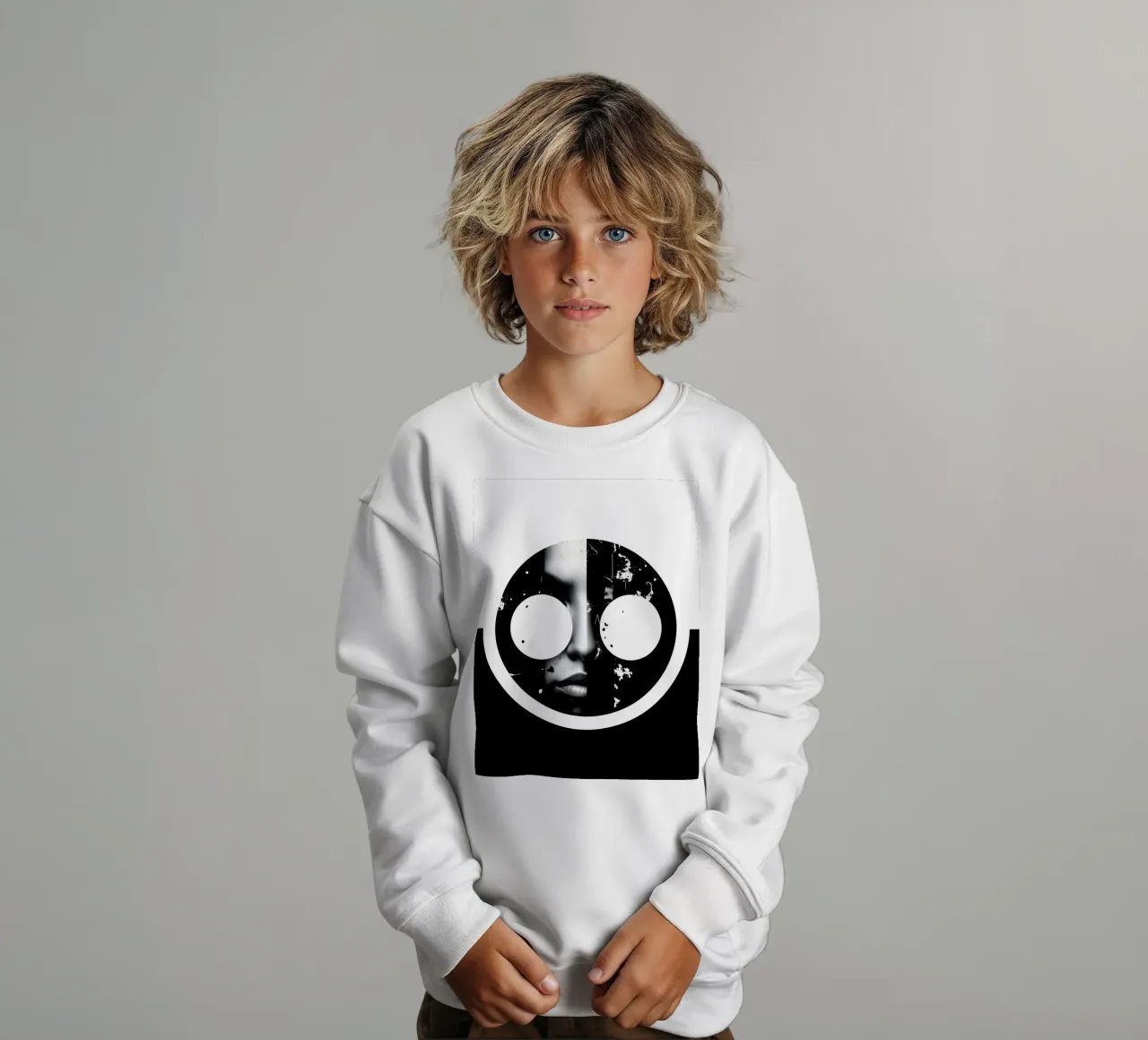 grafica monocromatica che presenta un volto con contrasto nero felpa bambino da DesignDoodle