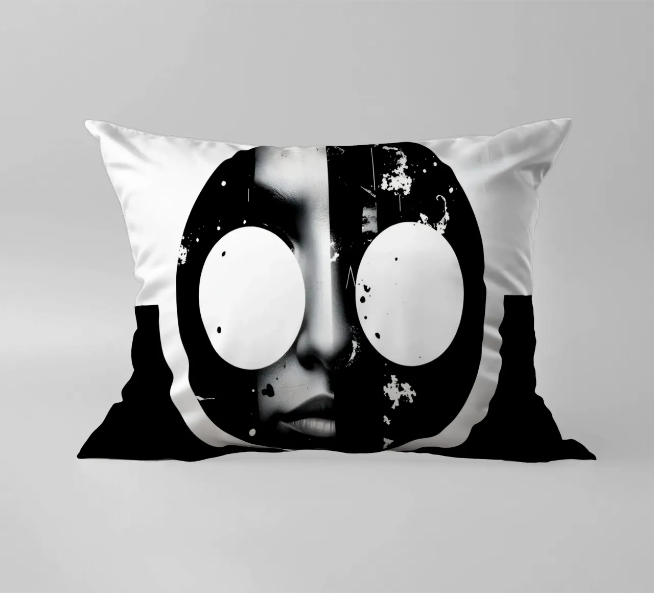 grafica monocromatica che presenta un volto con contrasto nero cuscino da DesignDoodle