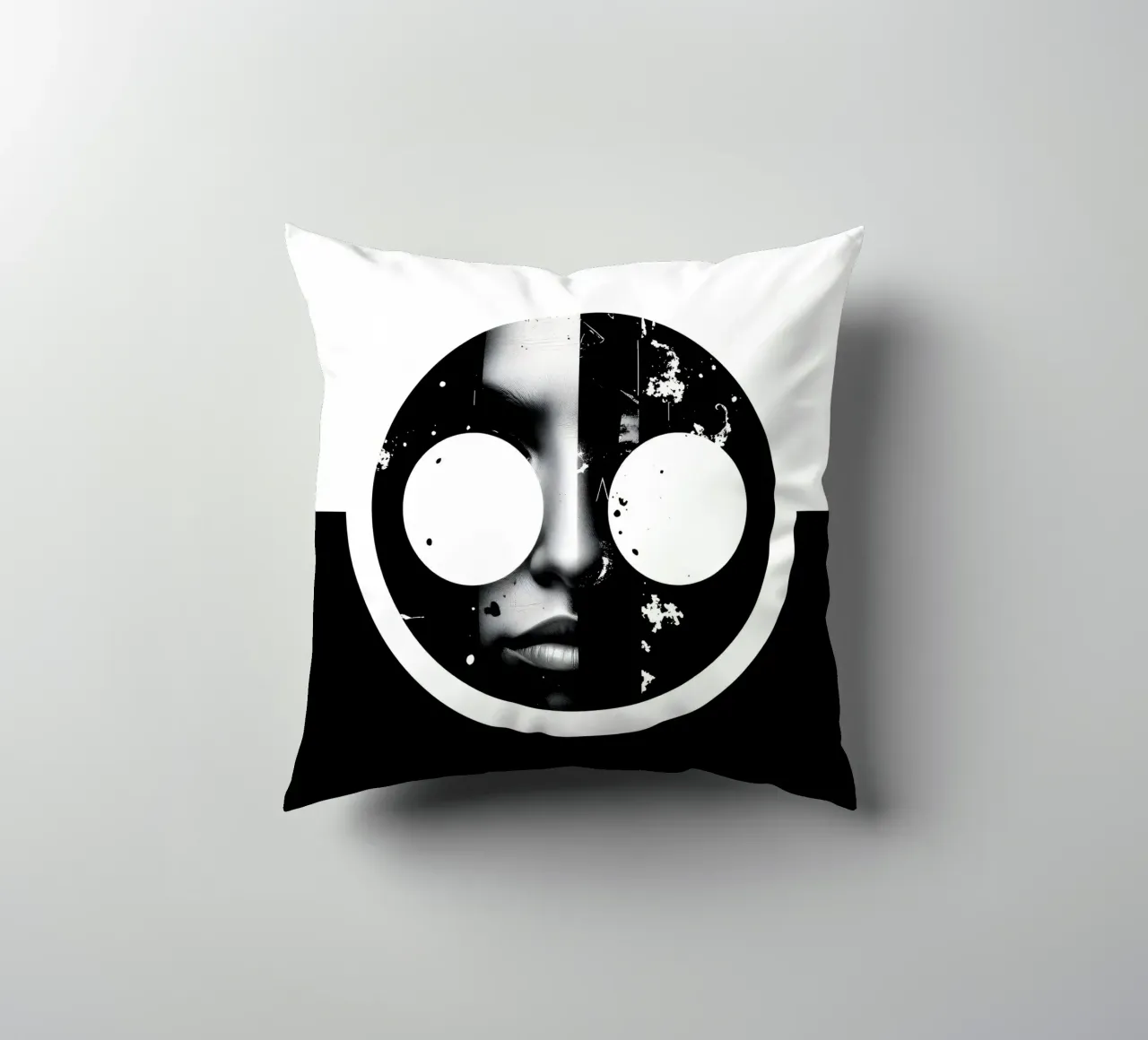 grafica monocromatica che presenta un volto con contrasto nero cuscino da DesignDoodle
