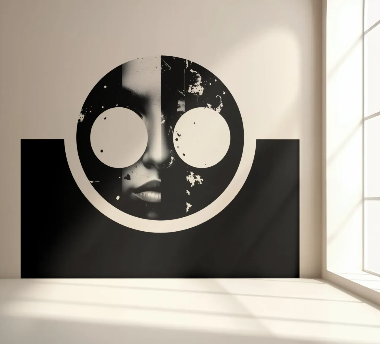 monochrome artwork featuring a face with contrasting black photo wallpaper by DesignDoodle