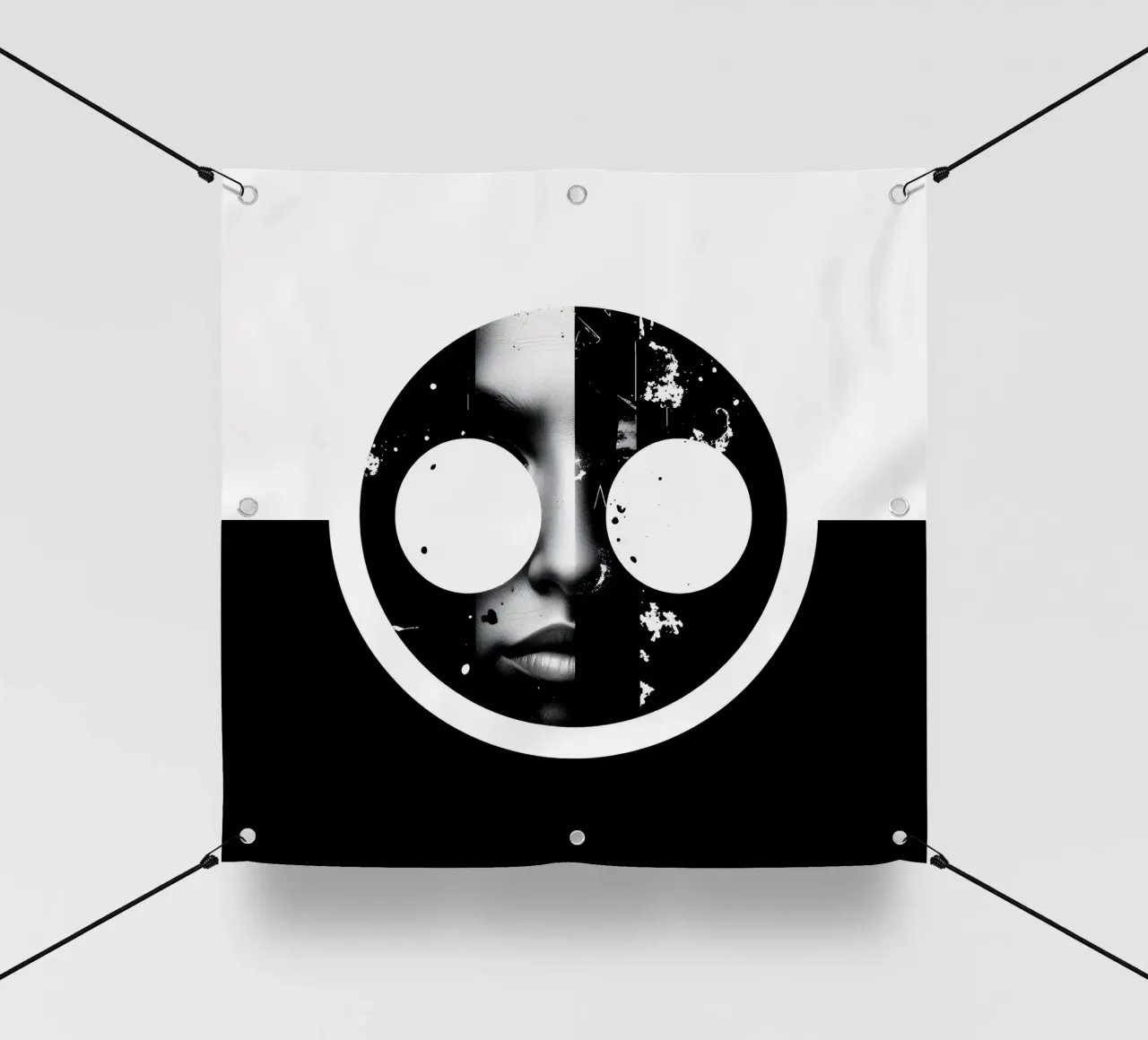 grafica monocromatica che presenta un volto con contrasto nero telo in pvc da DesignDoodle