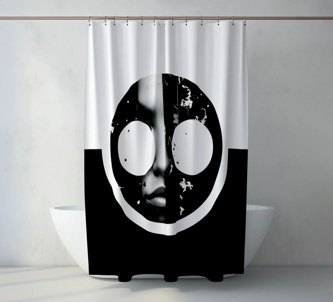 monochrome artwork featuring a face with contrasting black shower curtain by DesignDoodle