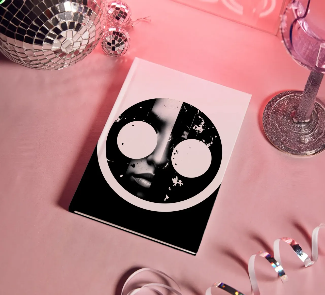 monochrome artwork featuring a face with contrasting black notebook by DesignDoodle
