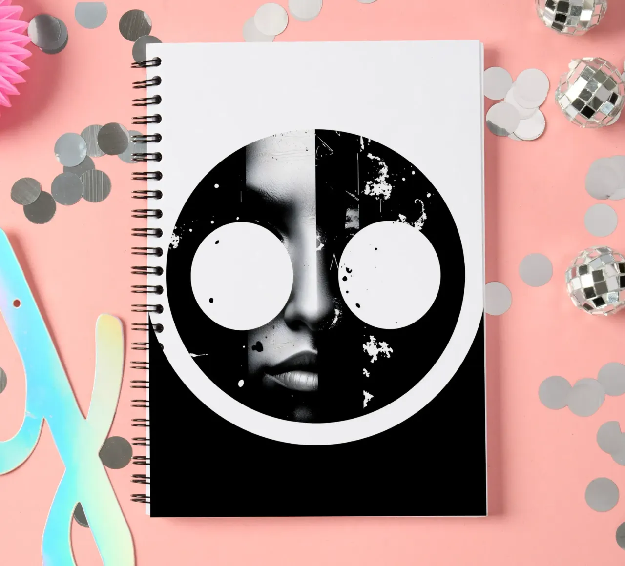 monochrome artwork featuring a face with contrasting black spiral notebook by DesignDoodle